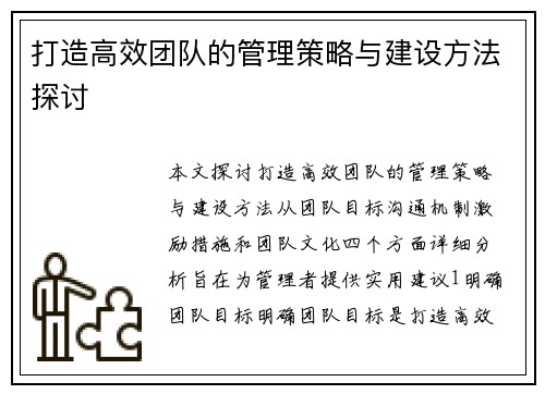 打造高效团队的管理策略与建设方法探讨