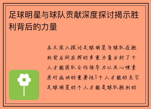 足球明星与球队贡献深度探讨揭示胜利背后的力量