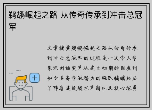 鹈鹕崛起之路 从传奇传承到冲击总冠军